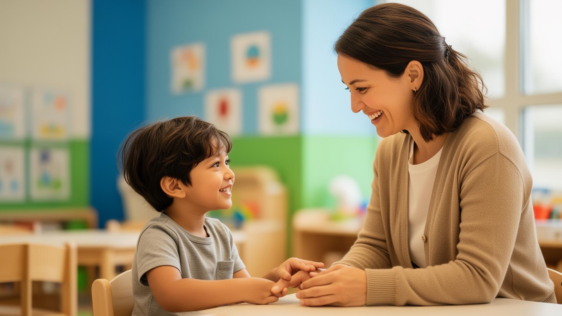 Educadora sorrindo em interação acolhedora com uma criança em sala de aula inclusiva